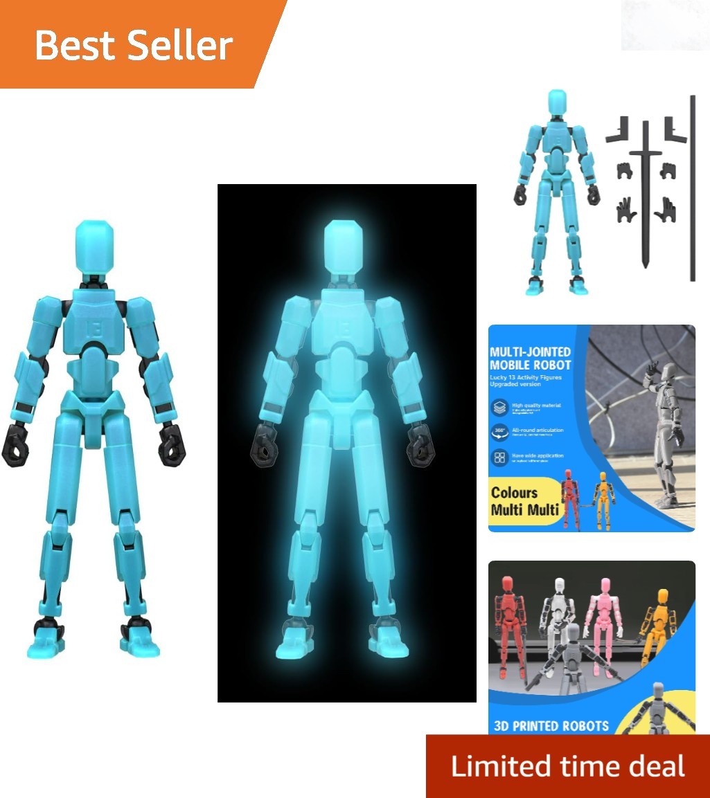 3D Printed Robot Action Figure 6in Glow Blue Articulated Toy Collectible