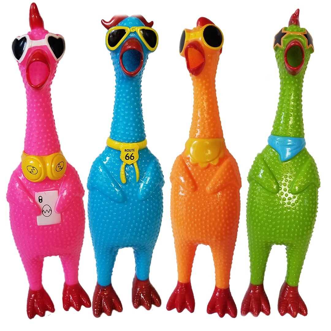 Set of 4 Unique Rubber Chicken Toys – Squeaky fun screaming 12.5″ – Fun Design