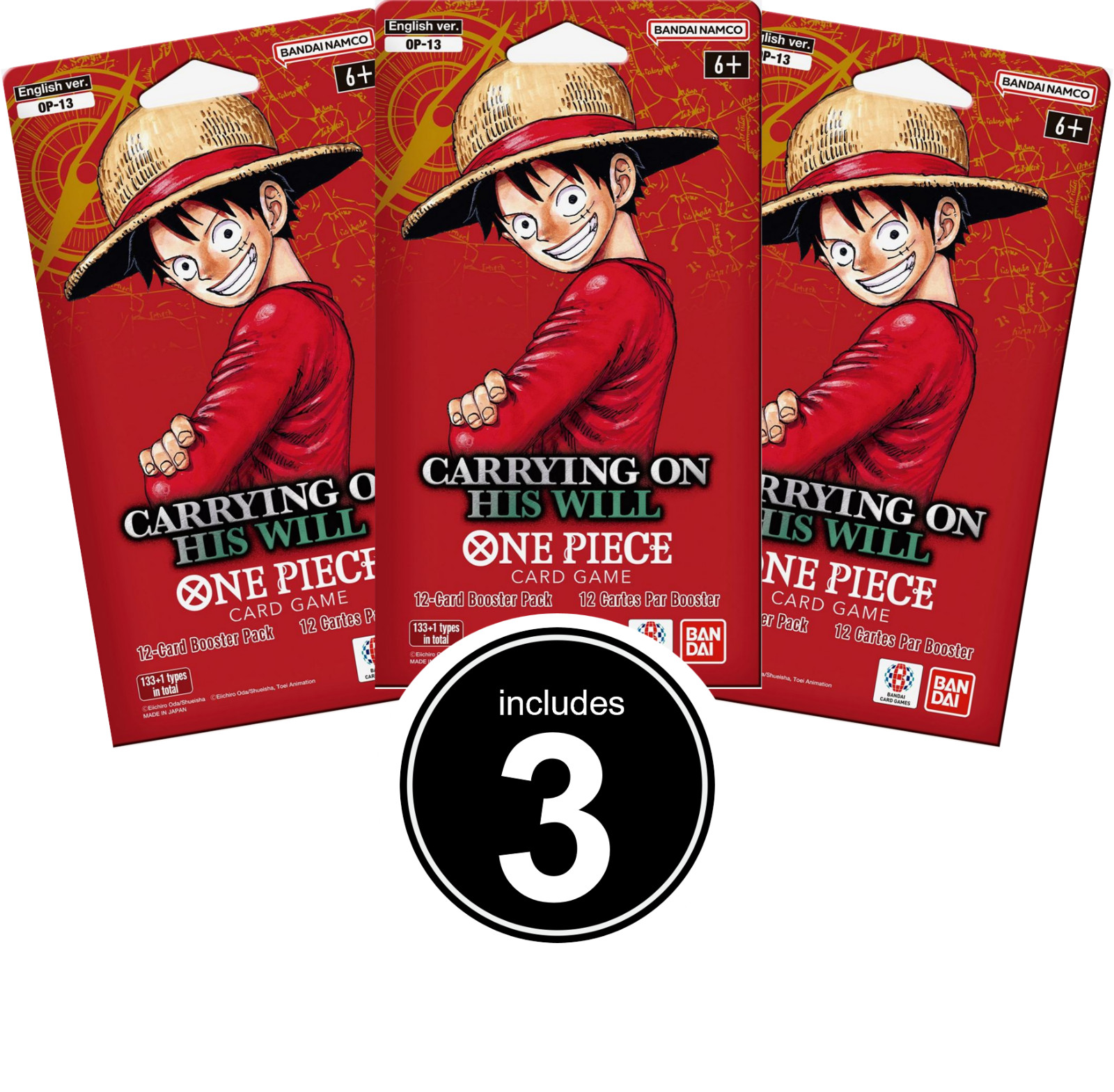 One Piece “Carrying On His Will” OP-13 Trading Cards includes 3 Booster Packs