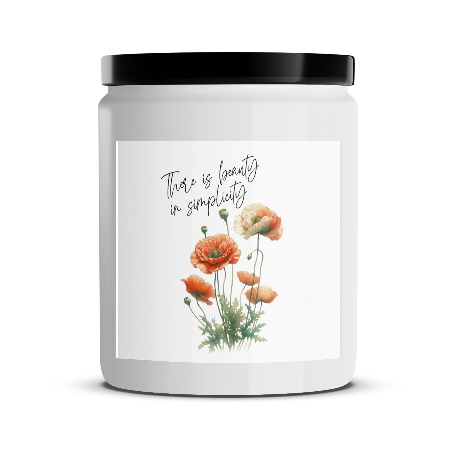 Floral Candle with Inspirational Quote, Beauty in Simplicity, Orange Poppies Dec