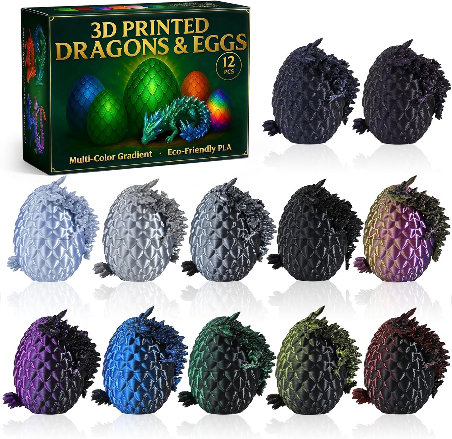 12 Pack – 3D Printed Dragon Eggs with 5.3″ Dragons Inside, Flexible, Dark Series