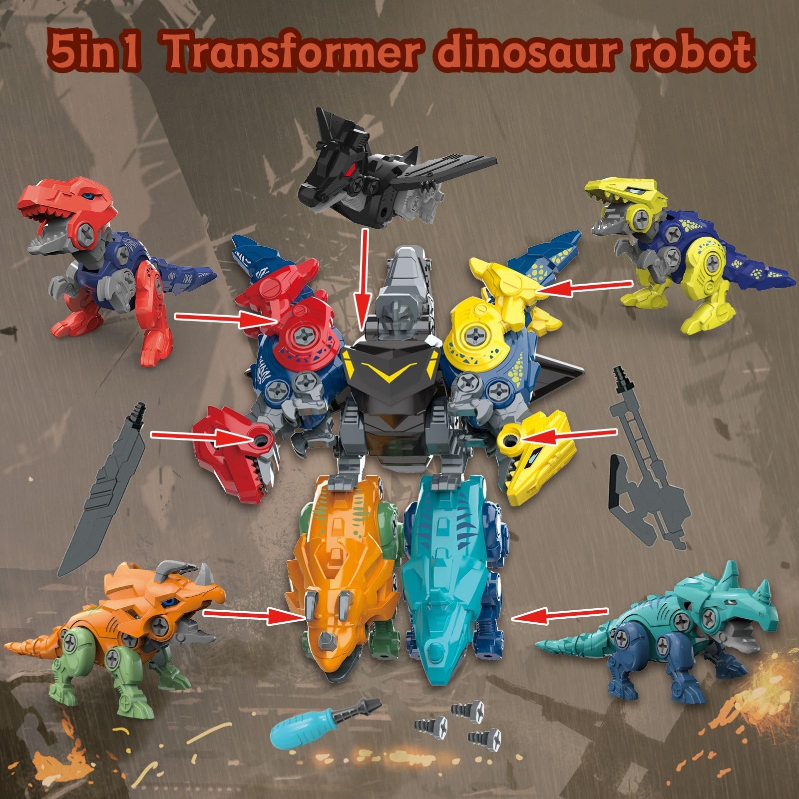 Dinosaur Transform Robot 5 in 1 Take Apart Toys Set for boy Kid Age 3 4 5 6 7…