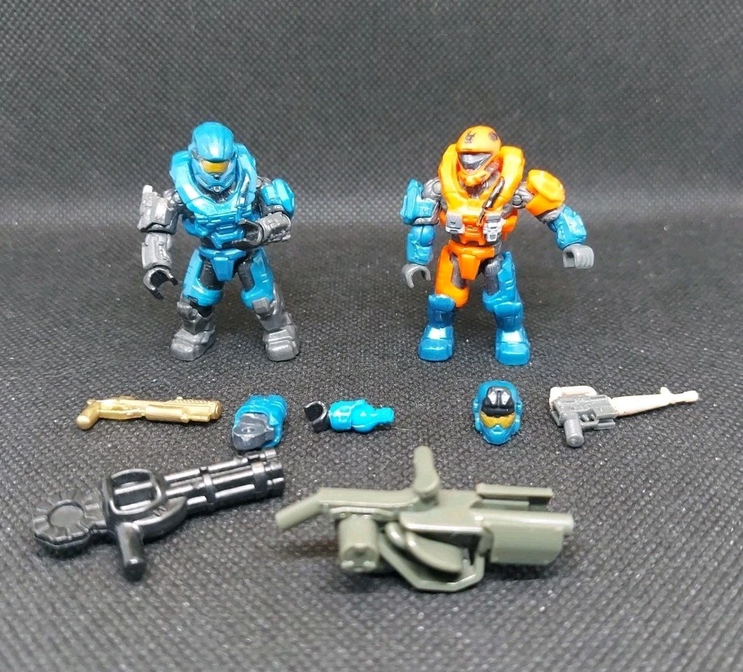 Lot Of 2 Mega Bloks Construx Halo Figures UNSC Spartan Blue & Mix Fig + Parts