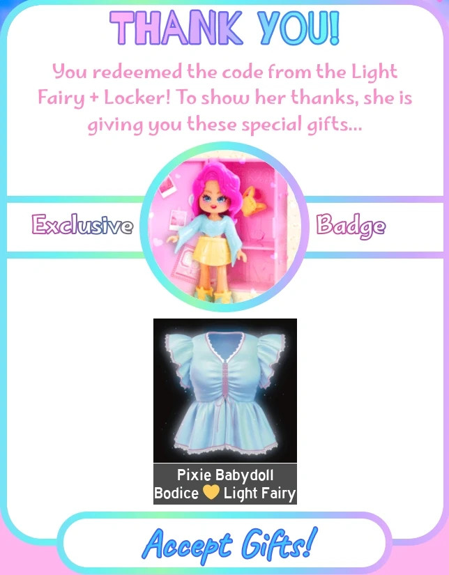 Royale High Surprise Locker Light Fairy Series 1 Code Sent in Ebay Message